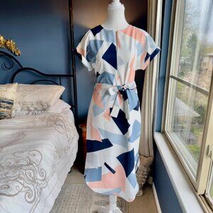 White w Multicolour Geometric Print Midi Dress